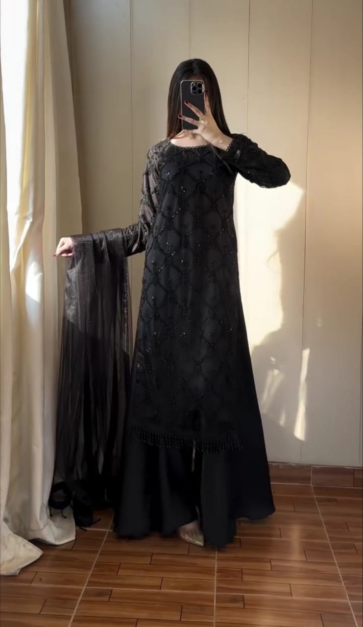 Classic Black Embroidered 3-Pc Suit for Women