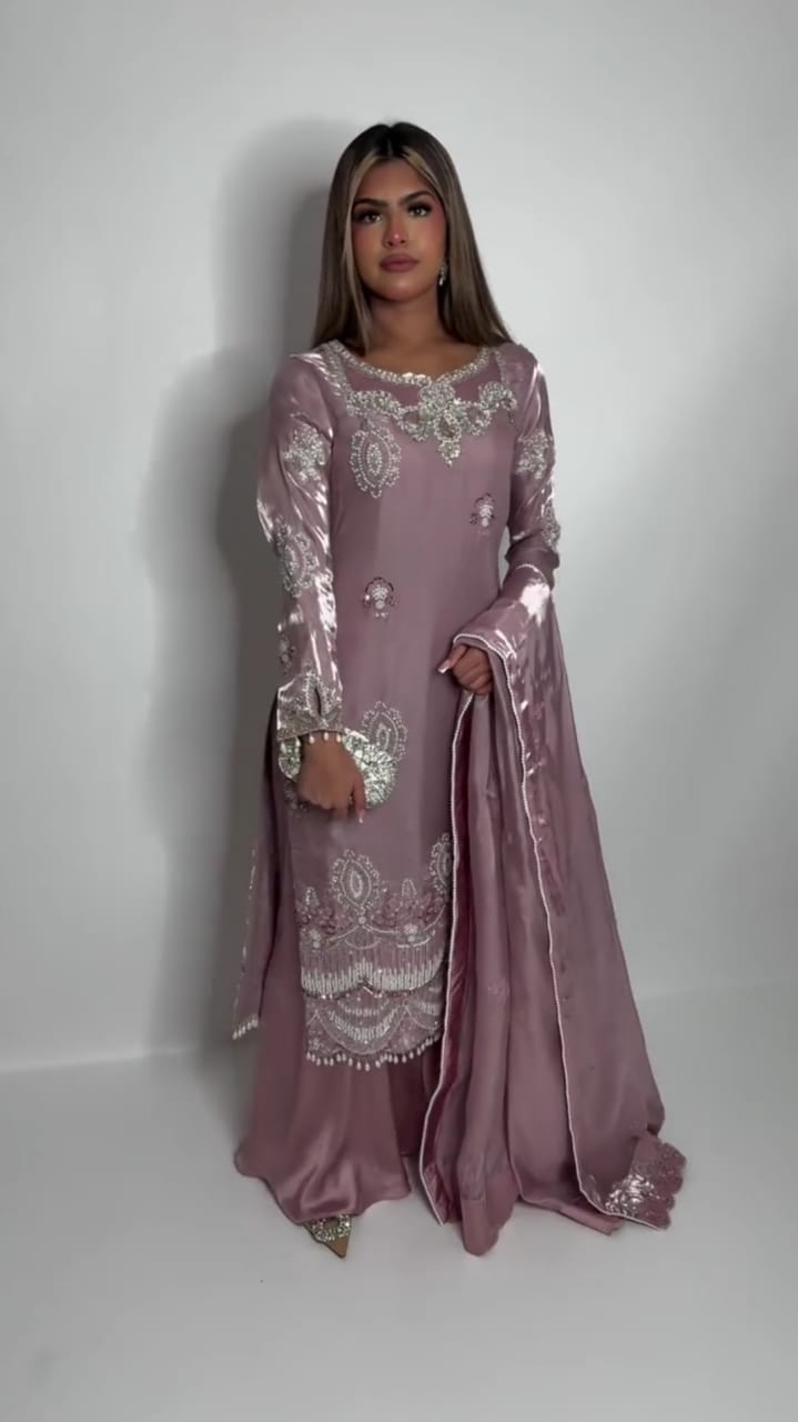 Heavy Embroidered Lilac Color 3 pc Suit