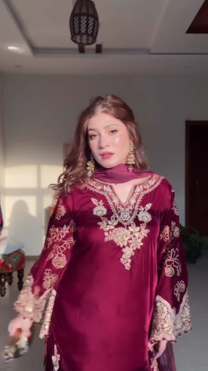 Maroon Velvet Embroidered 3Pc Suit