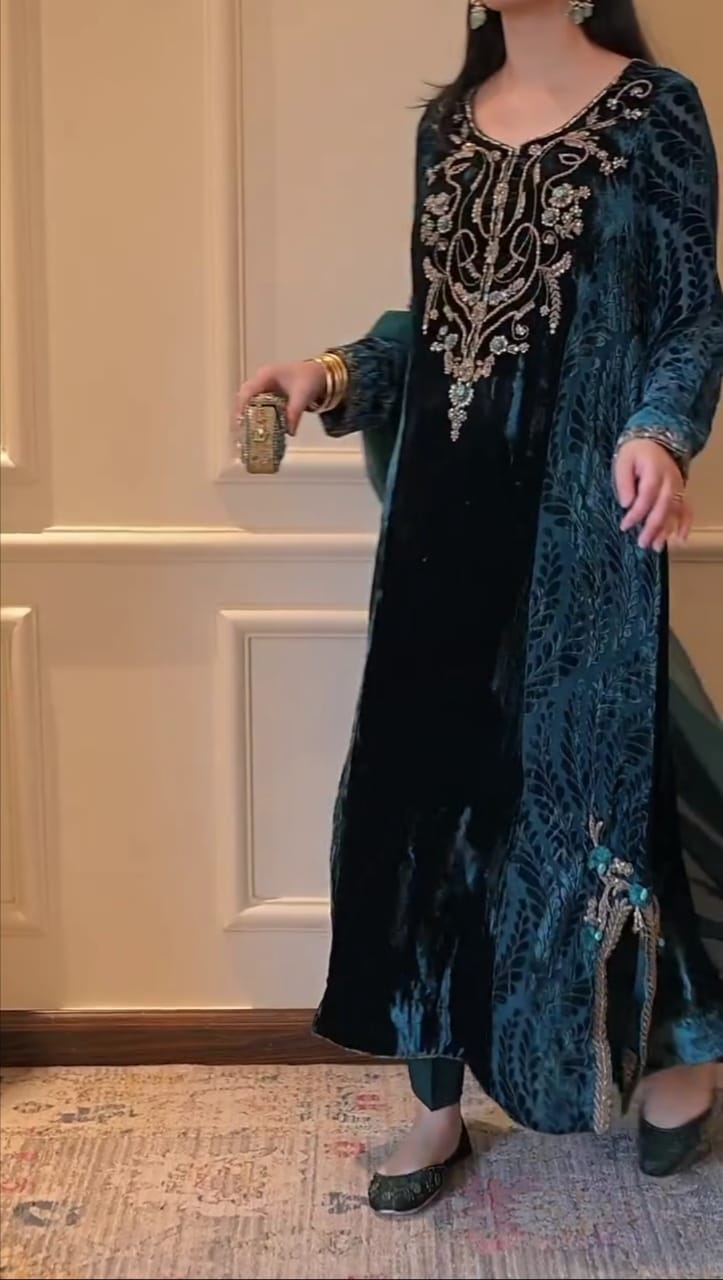 Luxury Velvet Formal Embroidered Outfit