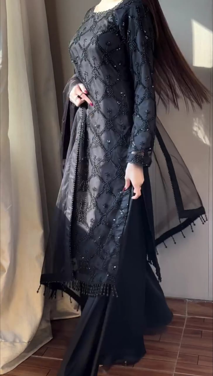 Classic Black Embroidered 3-Pc Suit for Women