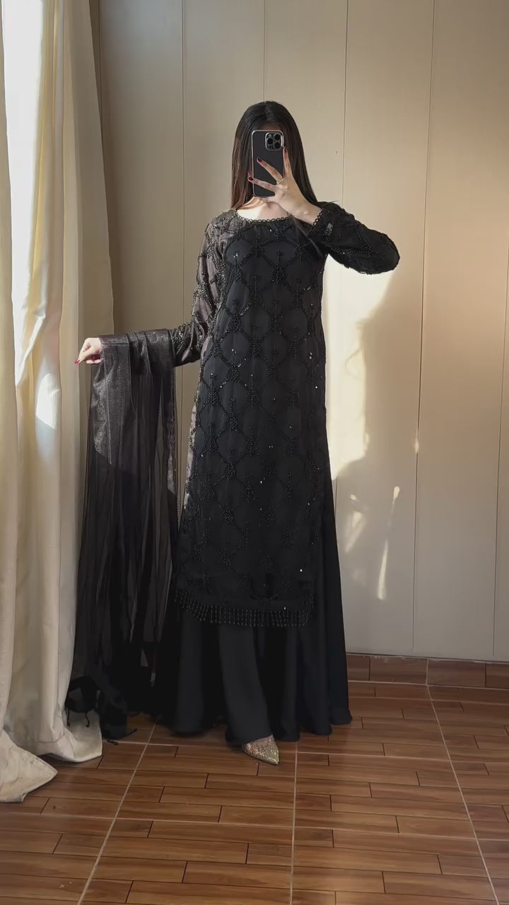 Classic Black Embroidered 3-Pc Suit for Women