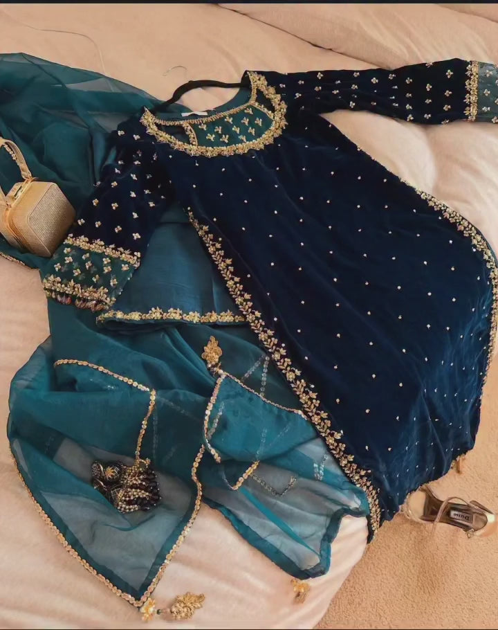 Velvet Embroidered Stitched 3Pcs