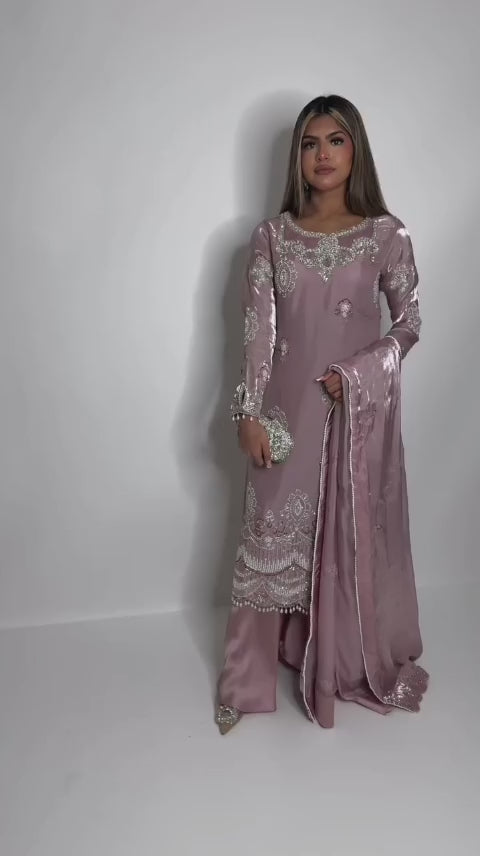 Heavy Embroidered Lilac Color 3 pc Suit