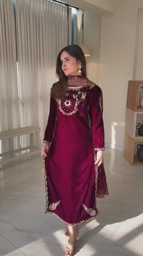 Maroon Velvet Luxe Embroidered Suit – Party Wear